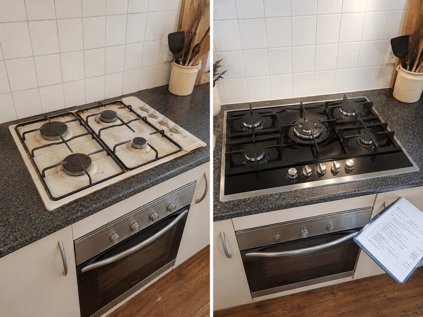 Gas cooktop replacement and compliance cert - before and after