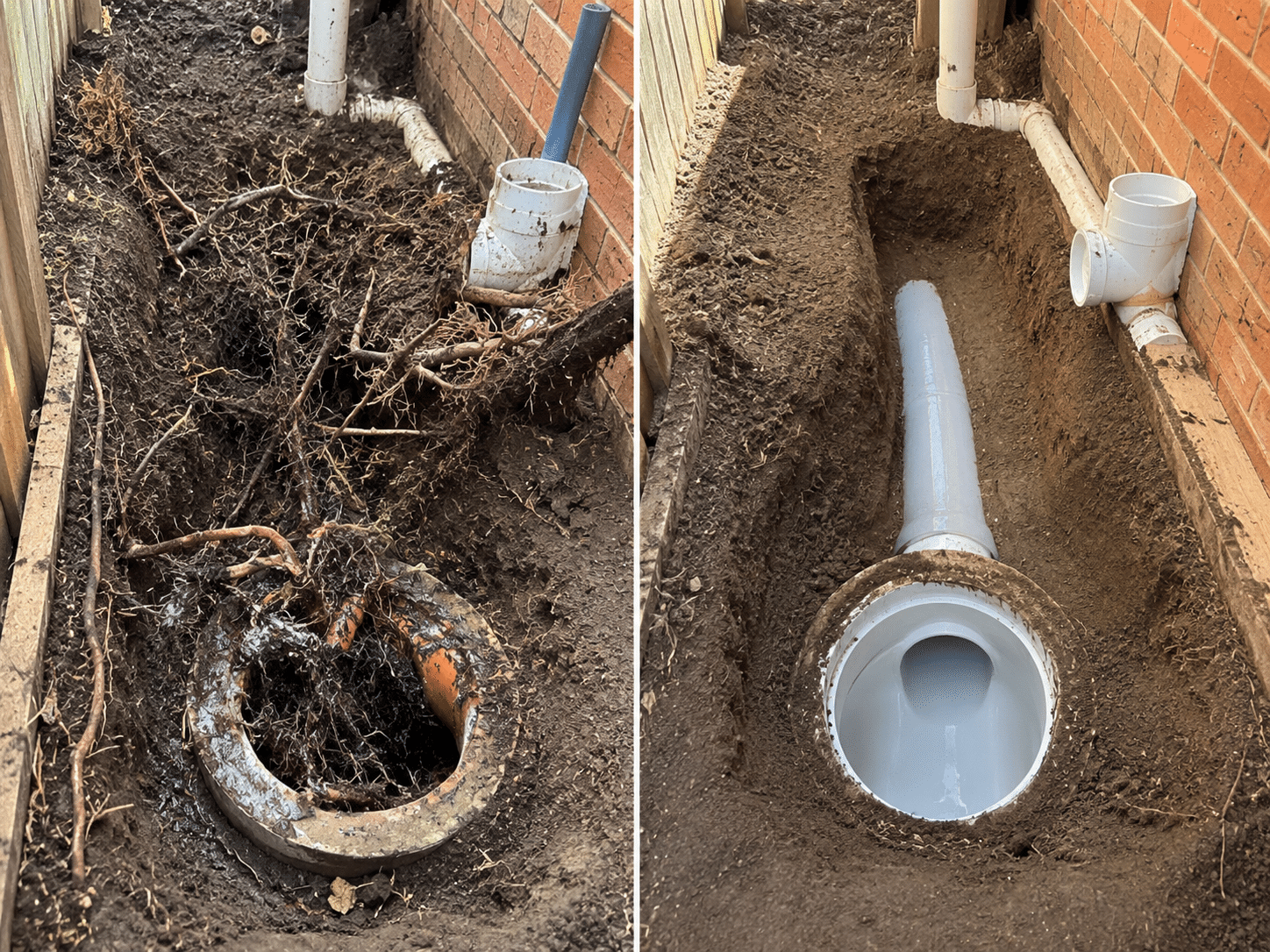Tree root sewer blockage cleared and relined - before and after