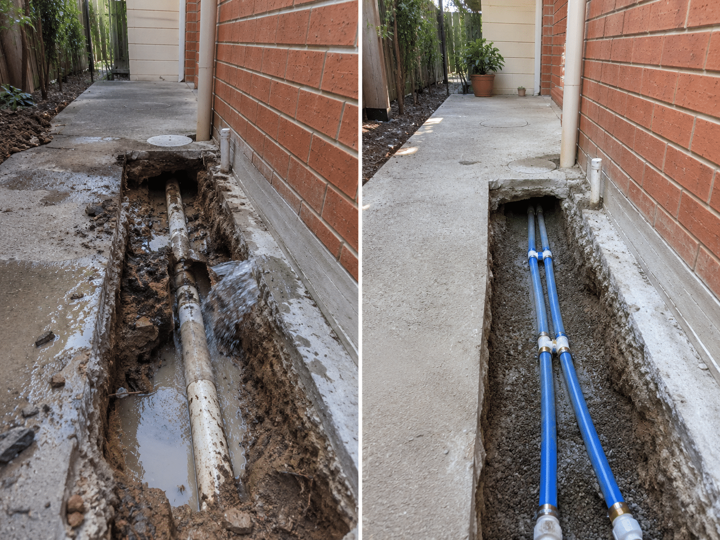 Burst pipe under slab repair, full PEX line - before and after