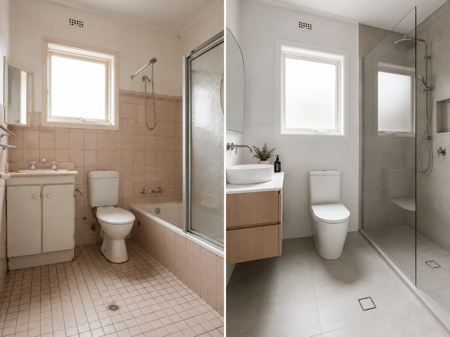 Full bathroom renovation, plumbing and gas - before and after